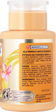 Tył brzoskwiniowego zmywacza bez acetonu, z etykietą, kwiatem i informacją o braku mikroplastiku, do łamliwych.