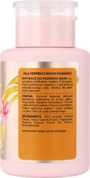 Tył różowego zmywacza ISANA do paznokci z pompką. Widoczna pomarańczowa etykieta ze składem (Argan Oil).