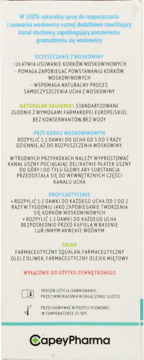 Tył opakowania sprayu CapeyPharma do usuwania woskowiny, z polskim tekstem o składzie i użyciu.