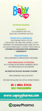 Tył opakowania sprayu Baby Cap na ciemieniuchę, od 1 dnia życia, bez parabenów, z listą składników.
