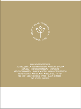 Tył opakowania perfum Mexx Woman. Widoczna lista składników oraz okrągłe logo wegańskiej formuły.