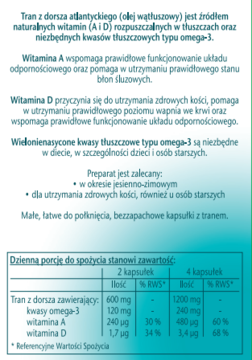 Dokument z opisem Tran z dorsza: benefity (witaminy A i D, omega-3), zalecenia oraz tabela wartości odżywczych.