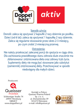 Biała ulotka suplementu Doppelherz aktiv z dawkowaniem, ostrzeżeniami i danymi producenta. Widok z przodu.