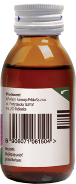 Brązowa butelka syropu prawoślazowo-tymiankowego 100ml, tył opakowania z białą etykietą, kodem kreskowym producenta.
