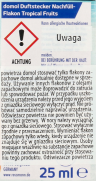 Niebiesko-szara etykieta domol Duftstecker Tropical Fruits 25ml, z ostrzeżeniem o alergii i instrukcją.