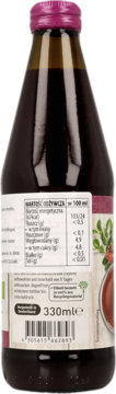 EnerBio sok żurawinowy 330 ml, tył butelki z fioletową zakrętką, widoczne wartości odżywcze na etykiecie.
