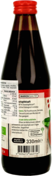 EnerBiO sok z granatu 330 ml w ciemnej butelce, widok z tyłu z czerwoną zakrętką i niemiecką etykietą.