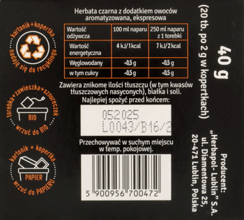 Tył opakowania czarnej herbaty Herbapol-Lublin 40g, z widoczną datą ważności i kodem kreskowym.