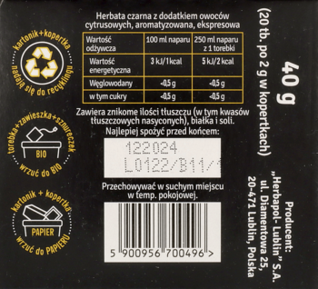 Tył czarnego opakowania herbaty Herbapol-Lublin, 40g, z danymi producenta, datą ważności i kodem kreskowym.