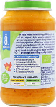 Tył słoiczka Babydream warzywa z ryżem i indykiem. Opis: od 8. miesiąca, bez soli i aromatów.
