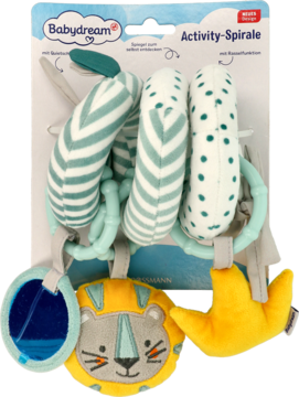 Babydream miękka spirala aktywizująca. Miętowa z białymi wzorami, lwem, lusterkiem i bananem. W opakowaniu, front.