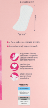 Biała, chłonna wkładka higieniczna Facelle Classic 155x68x2mm, miękka, bezzapachowa, z folią ochronną, widok z góry.