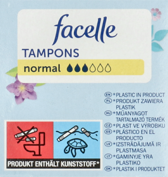 Błękitne opakowanie tamponów Facelle Normal z białym napisem, symbolami chłonności i ostrzeżeniami o plastiku.