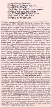 Tekst z opakowania Facelle tampony normal, zawiera informacje o produkcie i ostrzeżenie 'PLASTIC IN PRODUCT'.