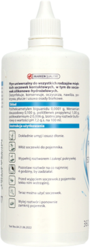 Tył białej butelki płynu BestView All-in-One do soczewek z czytelną etykietą, składem i instrukcją użycia.