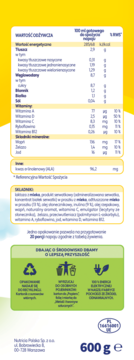 Tył opakowania Bebiko Junior 3, mleko modyfikowane, z tabelą wartości odżywczych, składem i wagą 600g.
