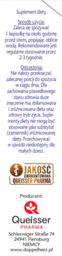 Opakowanie suplementu diety: zbliżenie na etykietę z polskim opisem użycia, ostrzeżeniami i logo Queisser Pharma.