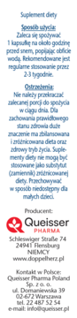 Tył opakowania suplementu na sen Queisser Pharma, widoczny szczegółowy polski label z dawkowaniem i ostrzeżeniami.
