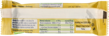 Tył żółtego opakowania batonika owocowo-zbożowego jabłko-banan-gruszka, z polskim opisem i wartościami.