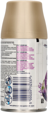 Glade automatic spray Calm Lavender & Jasmine zapas, boczny widok biało-złotej puszki z kodem kreskowym.