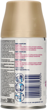 Tył opakowania Glade automatic spray Relaxing Zen, zapasu. Biała butelka, złota nakrętka, kod kreskowy i instrukcje.