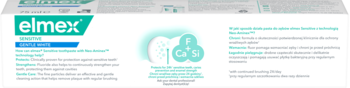 elmex Sensitive Gentle White, reklama pasty z technologią Neo-Aminex, symbolami Ca, F, Si i opisem cech.
