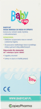 Opakowanie BabyCap Woda Morska spray do nosa, izotoniczny roztwór dla niemowląt od 1 miesiąca życia, widok z przodu.