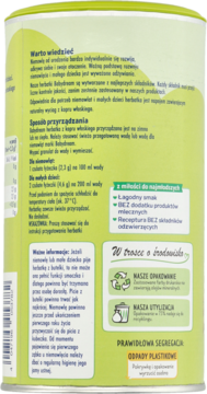Tył opakowania herbatki Babydream z kopru dla niemowląt. Zielono-żółte tło, informacje o produkcie i recyklingu.
