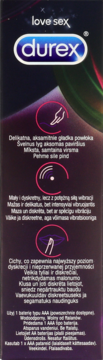Boczny panel opakowania Durex, ciemne tło z ikonami funkcji: aksamitna powłoka, wibracje, dyskrecja. Widoczne informacje o zasilaniu AAA.