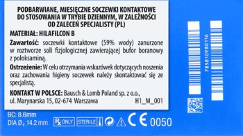 Tył opakowania miesięcznych podbarwianych soczewek Bausch & Lomb Hilafilcon B, z polskim opisem i kodami.