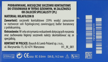 Tył niebieskiego pudełka miesięcznych soczewek kontaktowych. Widoczny polski tekst, dane Bausch & Lomb, kody kreskowe.