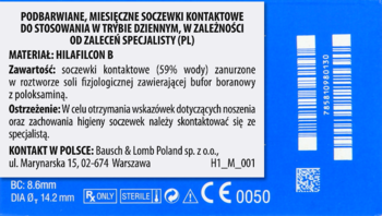 Tył niebieskiego opakowania miesięcznych, podbarwianych soczewek Bausch & Lomb Hilafilcon B, dane techniczne.