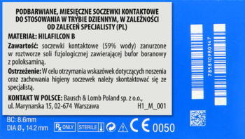 Tylna strona niebieskiego opakowania podbarwianych miesięcznych soczewek kontaktowych Bausch & Lomb do noszenia dziennego, z polskim opisem i kodami.