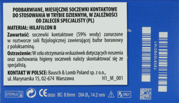 Tył niebieskiego opakowania 6 podbarwianych miesięcznych soczewek kontaktowych -3,25, z polskim opisem.