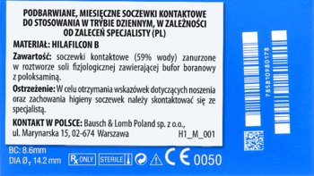 Niebieska etykieta miesięcznych soczewek Bausch & Lomb, z białym tekstem o trybie dziennym, wymiarach i kod QR.