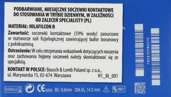 Tył niebieskiego opakowania podbarwianych miesięcznych soczewek Bausch & Lomb z tekstem, kodem i wymiarami.