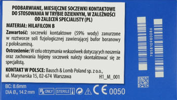 Tył niebieskiego opakowania podbarwianych, miesięcznych soczewek Bausch & Lomb z danymi technicznymi i polskim tekstem.