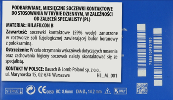 Tył niebieskiego opakowania podbarwianych miesięcznych soczewek kontaktowych z polskim tekstem i kodami kreskowymi.