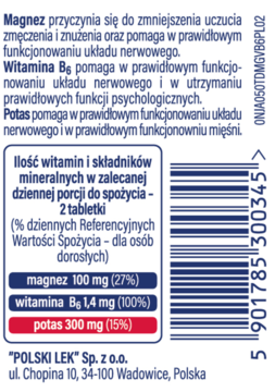 Tył opakowania Magnez Skurcz, białe, z opisem działania, składnikami (magnez, wit. B6, potas) i kodem.