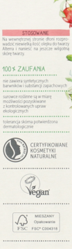 Boczna etykieta Alterra Olejek do twarzy Granat BIO z instrukcjami, certyfikatami NaTrue, Vegan i FSC.