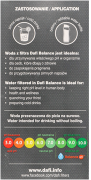 Szara grafika Dafi Balance z białym tekstem: zastosowanie wody filtrowanej, skala pH od 3.0 do 10.0, i www.dafi.info.