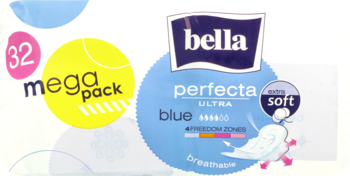 Bella Perfecta Ultra Blue extra soft, 32 sztuki mega pack. Widok detali opakowania podpasek higienicznych.
