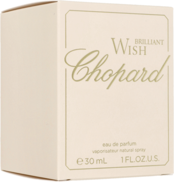 Chopard Brilliant Wish woda perfumowana 30ml, beżowy kartonik z eleganckim złotym napisem, widok z przodu.