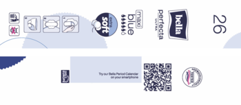 Biało-niebieski fragment opakowania podpasek Bella Perfecta maxi Blue soft z kodem QR, ikonami i cyfrą 26.