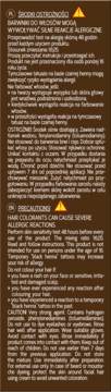 Hair colorant warning label in Polish and English about severe allergic reactions and precautions on brown background.