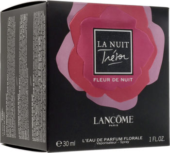 Czarne pudełko perfum Lancôme La Nuit Trésor Fleur de Nuit 30 ml z grafiką warstwowego różowego kwiatu, widok z przodu i z boku.