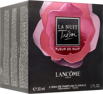 Opakowanie perfum Lancôme La Nuit Tresor Fleur de Nuit, czarne z różową, warstwową różą, widok z ukosa.