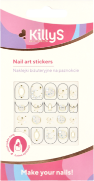 Opakowanie naklejek na paznokcie KillyS, Nail Art Stickers, z białymi i złotymi wzorami, widok z przodu.