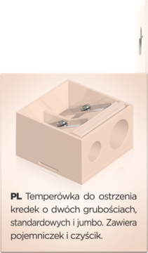 Beżowa temperówka do kredek o dwóch grubościach (standard, jumbo) z pojemnikiem, widok z góry.