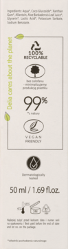 Tył opakowania wegańskiego szamponu do brwi Delia, z listą składników, 99% natury, 50ml, recykling.
